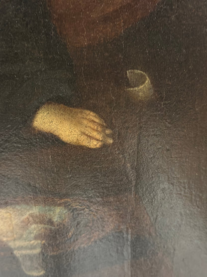 Olio su tavola. Sacra famiglia con Sant’Anna e San Giovannino . XVI secolo.   76 x 63