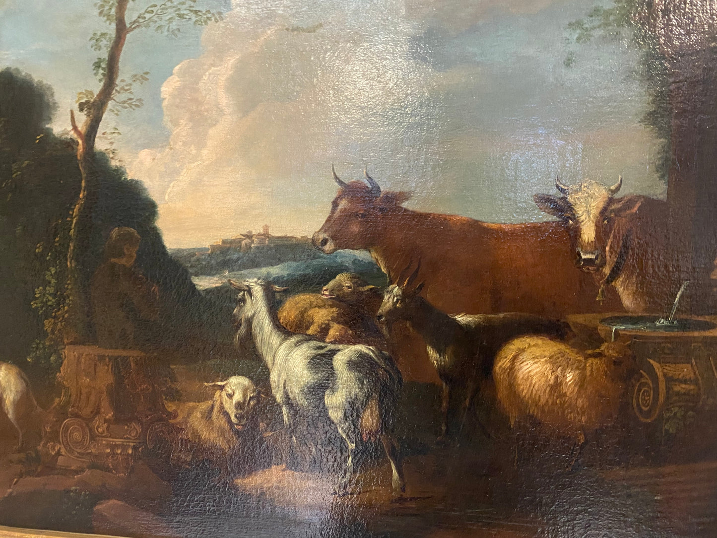 Olio su tela. Paesaggio con armenti fine XVII secolo