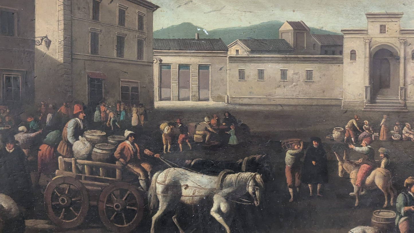 Olio su tavola . Paesaggio urbano XVII secolo