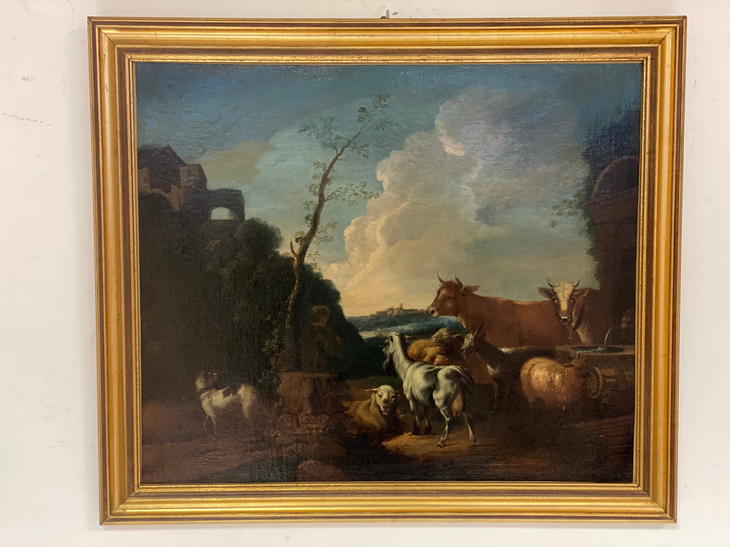Olio su tela. Paesaggio con armenti fine XVII secolo