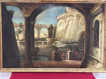 Dipinto olio su tela  italiano del XVIII secolo, Capriccio architettonico con figure