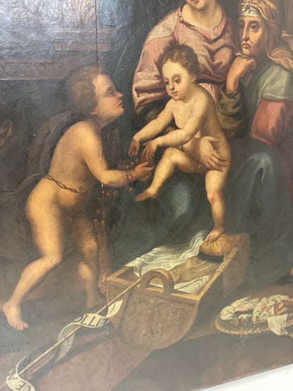 Olio su tavola. Sacra famiglia con Sant’Anna e San Giovannino . XVI secolo