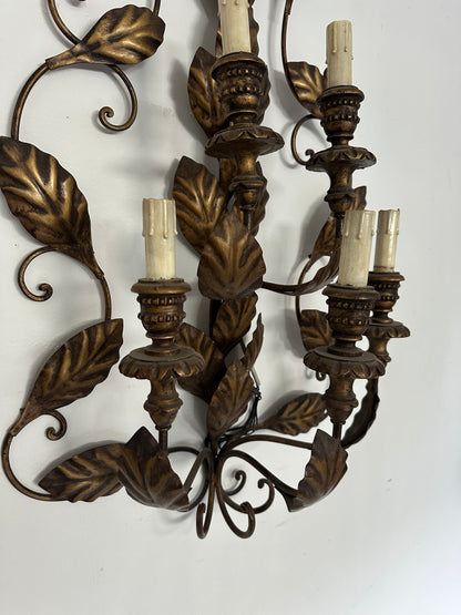 Coppia di Appliques a 5 Luci Antiche fine XiX secolo a motivi Fogliacei