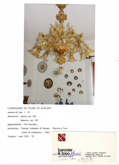Lampadario in vetro di Murano. Barovier & Toso ( Venezia ) Primi XX secolo.  154 x 124.