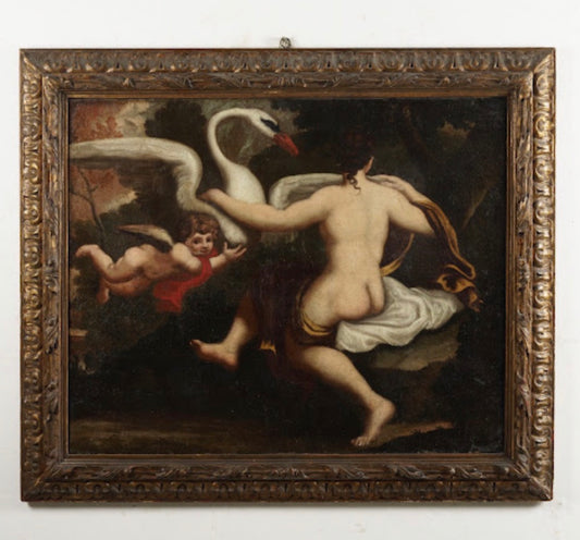 Olio su tela . Leda e il cigno pittore lombardo del XVII secolo epoca 600