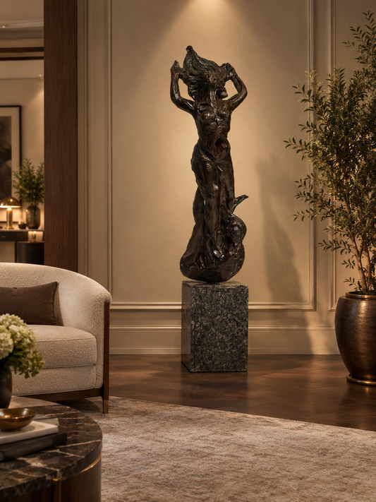 Scultura in bronzo patinato Fanciulla al vento . XX secolo altezza 174 cm
