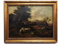 David Teniers il giovane (bottega), paesaggio animato, olio su tavola.