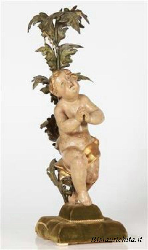 Angelo ligneo putto da tavolo policromo in oro