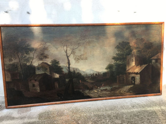 Rural landscape with houses and farmers