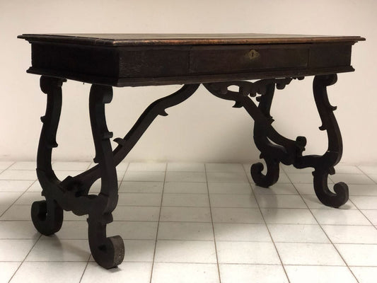 Walnut lyre writing table. 17th century