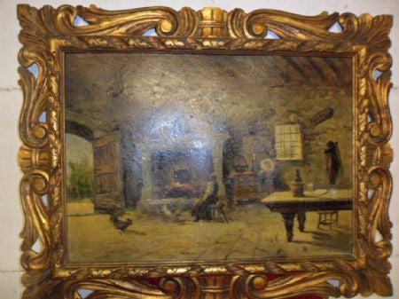 Olio su legno scena di interno con cornice