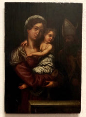 Olio su tavola Madonna con il bimbo e santo vescovo Lombardia XVI secolo