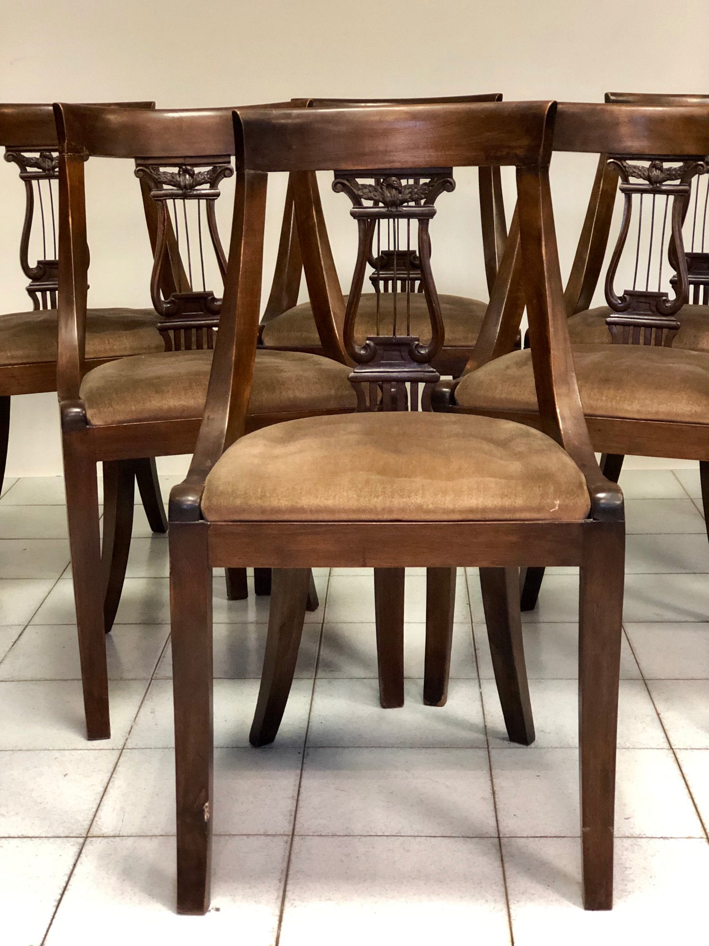 Group of six walnut chairs. Late 19th century