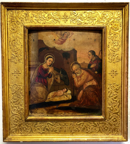 Sacra Famiglia tempera su tavola con cornice coeva . XVI secolo