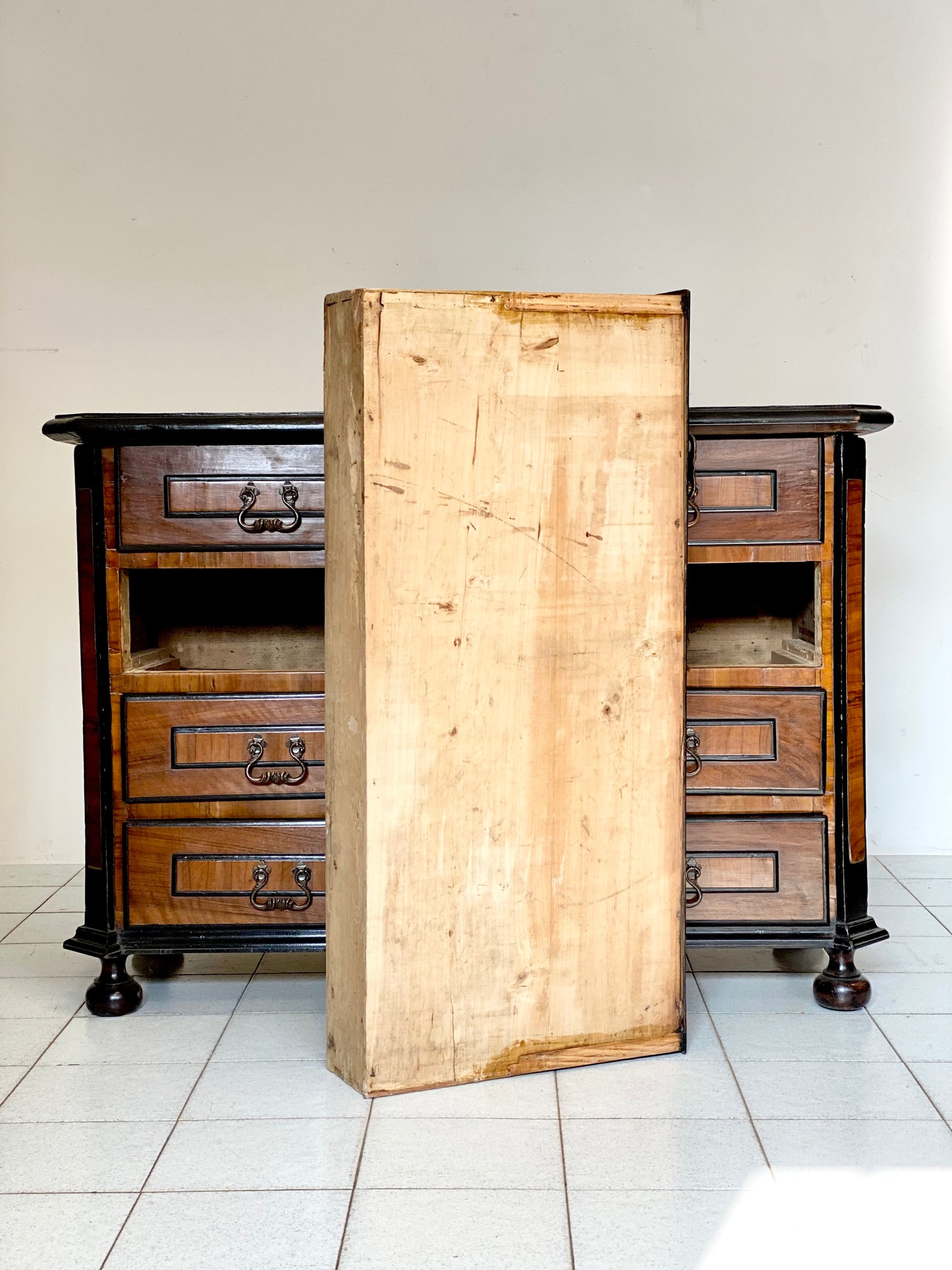 Chest of drawers in walnut and precious woods. Piedmont 17th century