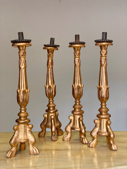 Gruppo di quattro candelieri in foglia oro . Lombardia epoca impero
