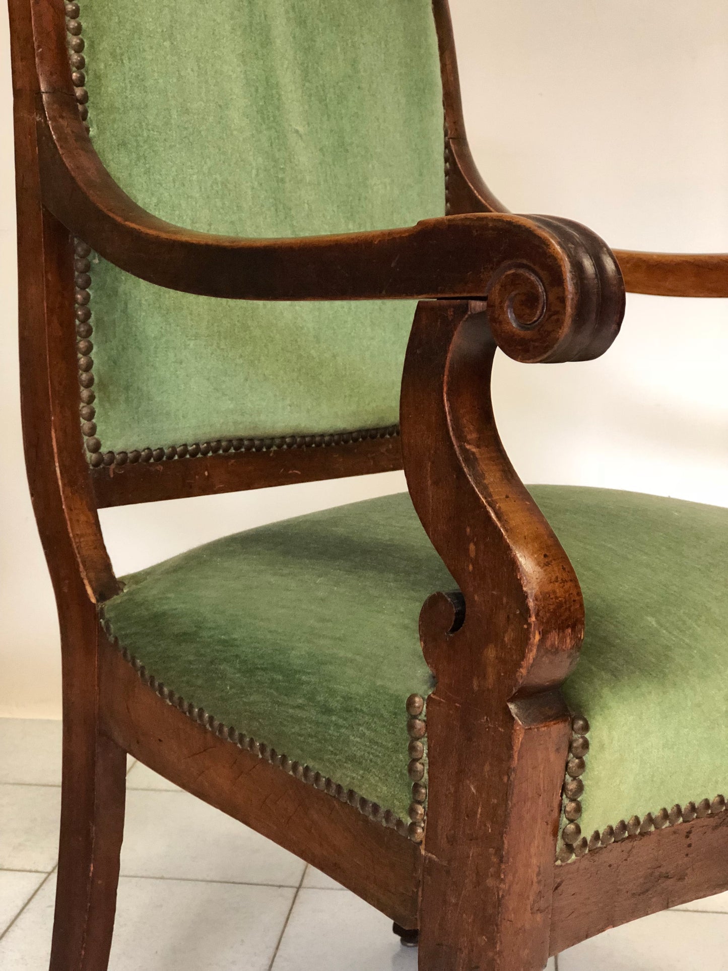 Pair of Lombard Empire Walnut Armchairs. Early 19th Century
