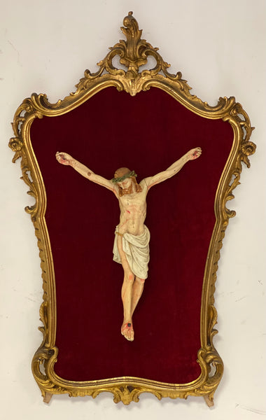 Cristo ligneo con cornice dorata coeva . Lombardia XVIII secolo