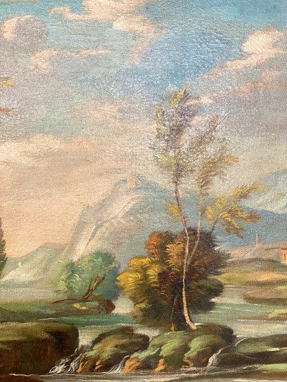 Olio su tela . Paesaggio fluviale XIX secolo