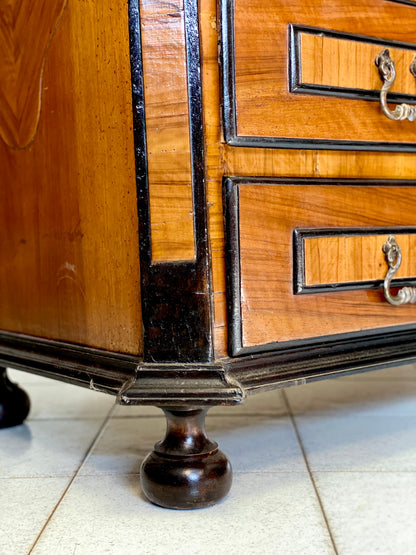 Chest of drawers in walnut and precious woods. Piedmont 17th century