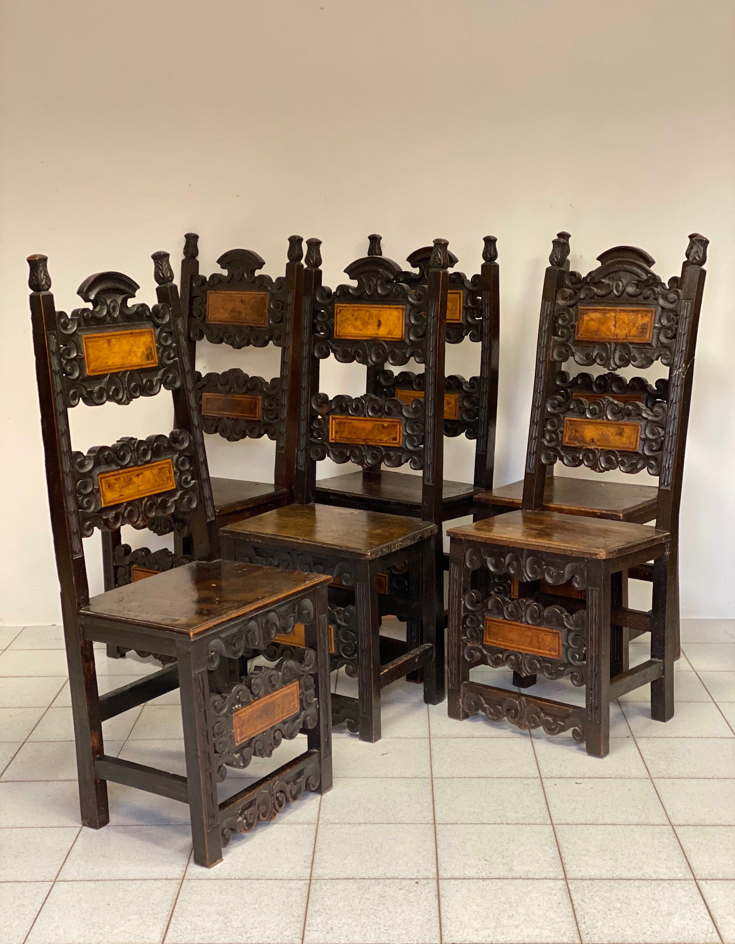 Group of six Lombard chairs in walnut. Early 17th century