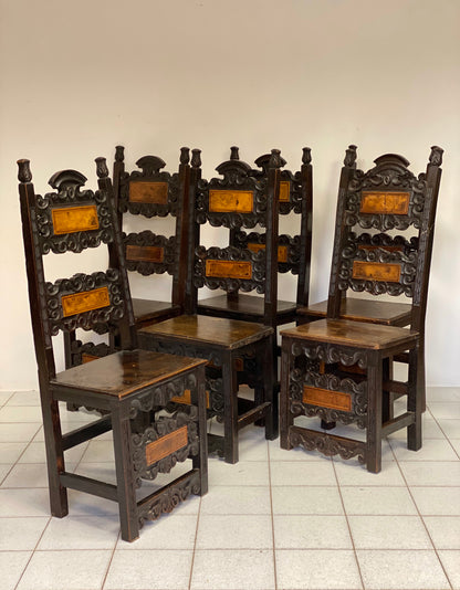 Group of six Lombard chairs in walnut. Early 17th century