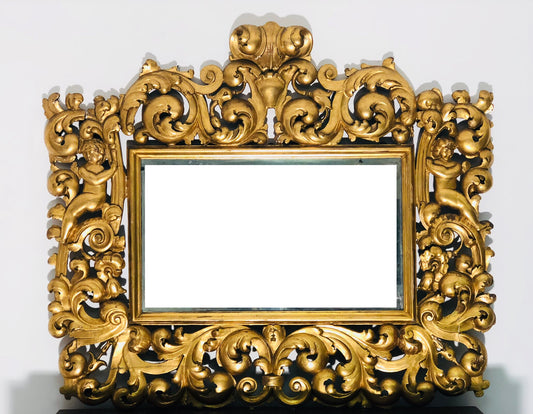 Specchiera in legno intagliato e dorato . Modena Bologna primi 700