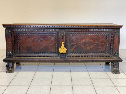 Carved walnut inlaid chest. Brescia early 17th century