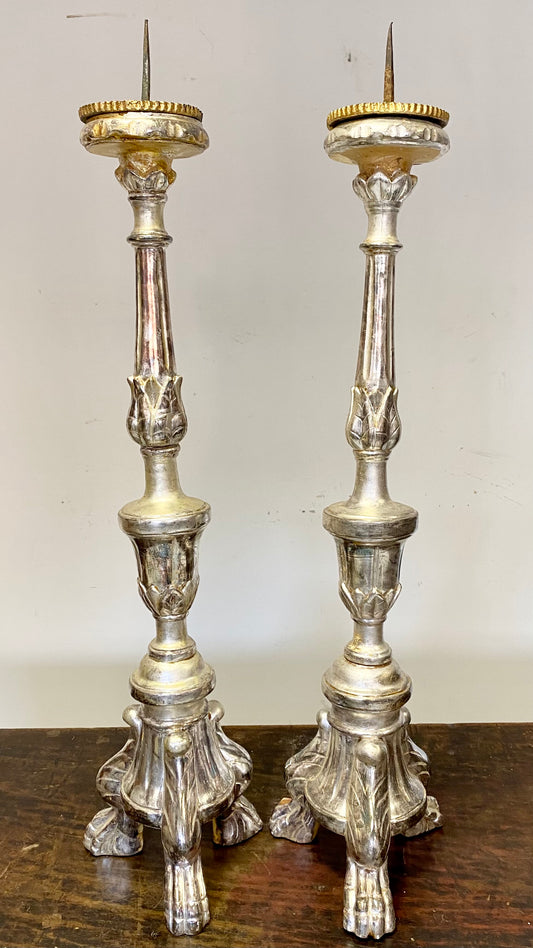 Pair of Louis XV candlesticks in silver leaf wood. 18th century